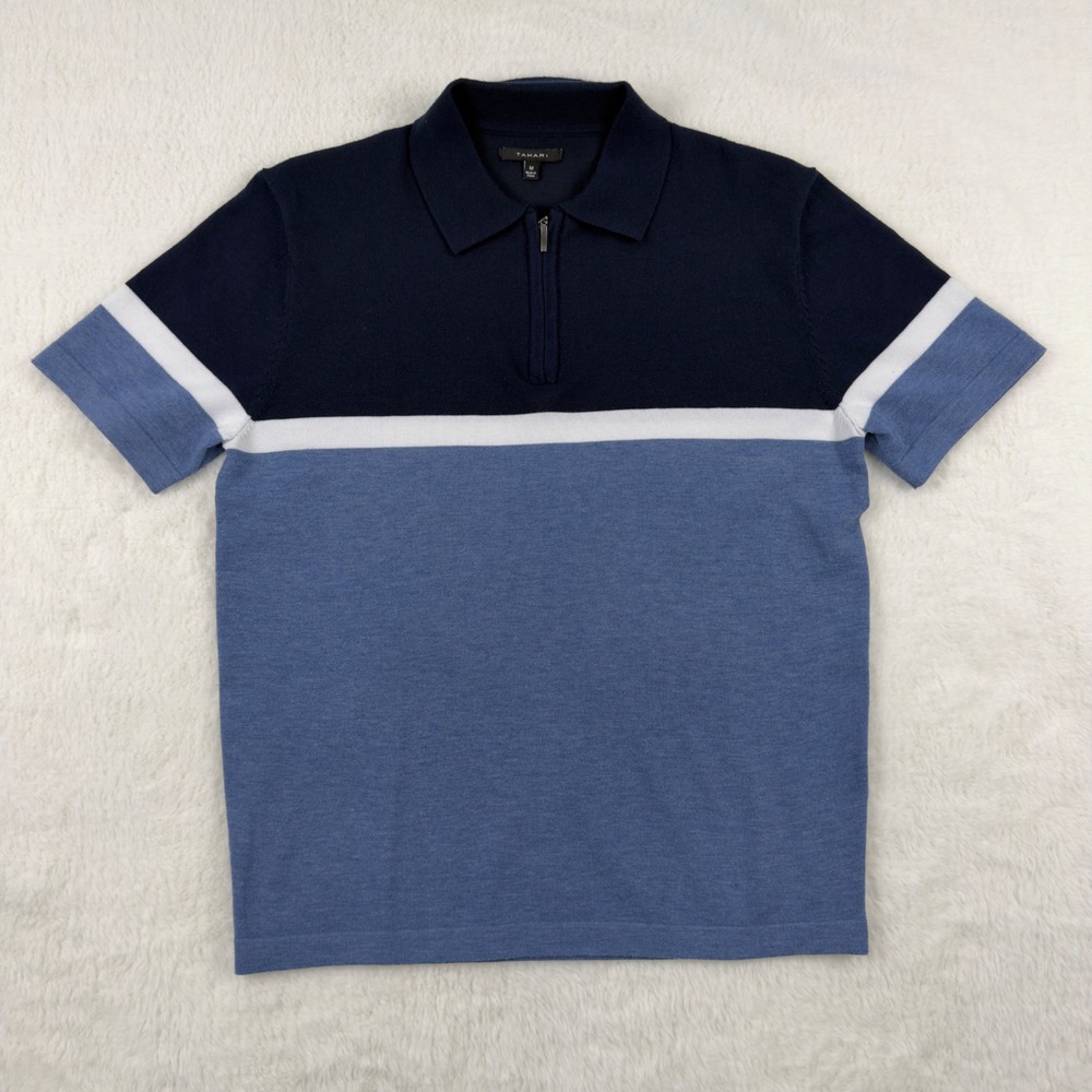 Tahari Mens Blue Colorblock Quarter Zip Short Sleeve Knit Polo Shirt Size M
